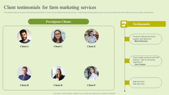 Agriculture Marketing Strategy To Improve Revenue Performance Client Testimonials For Farm Marketing Services Demonstration PDF