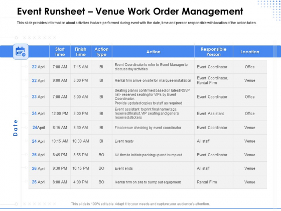 Amusement Event Coordinator Event Runsheet Venue Work Order Management Ppt PowerPoint Presentation Show Vector PDF
