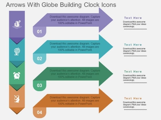 Arrows With Globe Building Clock Icons Powerpoint Templates
