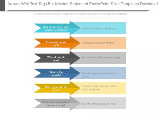 Arrows With Text Tags For Mission Statement Powerpoint Slide Templates Download