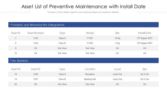 Asset List Of Preventive Maintenance With Install Date Ppt PowerPoint Presentation Inspiration Guidelines PDF