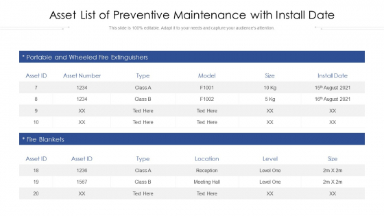 Asset List Of Preventive Maintenance With Install Date Ppt PowerPoint Presentation Inspiration Guidelines PDF Asset List Of Preventive Maintenance With Install Date Ppt PowerPoint Presentation Inspiration Guidelines PDF