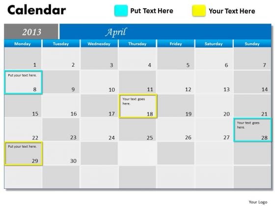 April 2013 Calendar PowerPoint Slides Ppt Templates