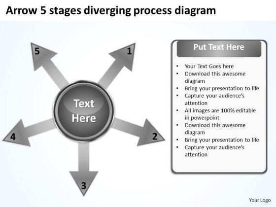 Arrow 5 Stages Diverging Process Diagram Circular Powerpoint Slides