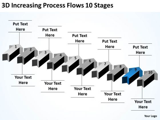 Arrow For PowerPoint 3d Increasing Process Flows 10 Stages Slides