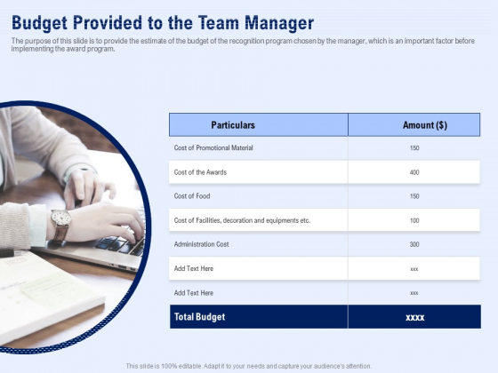 Best Employee Appreciation Workplace Budget Provided To The Team Manager Themes PDF Best Employee Appreciation Workplace Budget Provided To The Team Manager Themes PDF