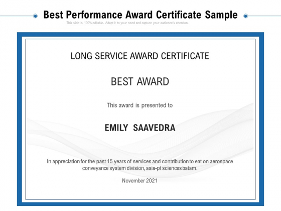 Best Performance Award Certificate Sample Ppt PowerPoint Presentation File Background PDF
