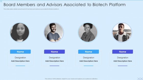 Biotech Firm Investor Funding Board Members And Advisors Associated To Biotech Platform Sample PDF Biotech Firm Investor Funding Board Members And Advisors Associated To Biotech Platform Sample PDF