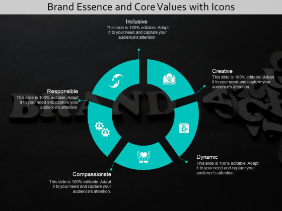 Brand Essence And Core Values With Icons Ppt PowerPoint Presentation Pictures Slides