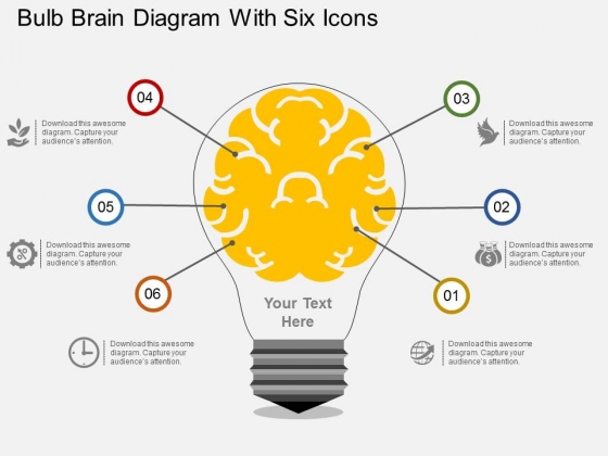Bulb Brain Diagram With Six Icons Powerpoint Template Bulb Brain Diagram With Six Icons Powerpoint Template