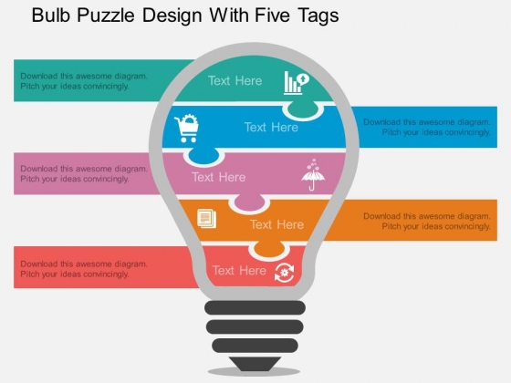 Bulb Puzzle Design With Five Tags Powerpoint Template