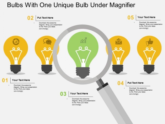 Bulbs With One Unique Bulb Under Magnifier Powerpoint Template Bulbs With One Unique Bulb Under Magnifier Powerpoint Template