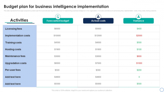 Business Analytics Application Budget Plan For Business Intelligence Implementation Portrait PDF