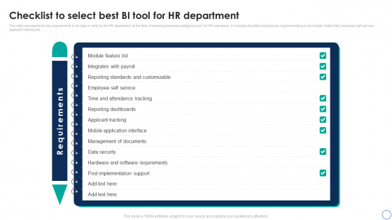 Business Analytics Application Checklist To Select Best BI Tool For HR Department Inspiration PDF