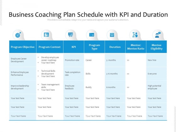 Business Coaching Plan Schedule With KPI And Duration Ppt PowerPoint Presentation Gallery Files PDF Business Coaching Plan Schedule With KPI And Duration Ppt PowerPoint Presentation Gallery Files PDF