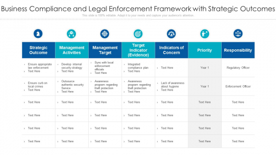 Business Compliance And Legal Enforcement Framework With Strategic Outcomes Ppt PowerPoint Presentation Gallery PDF