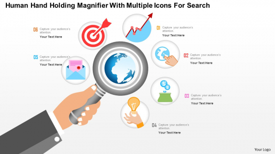 Business Diagram Human Hand Holding Magnifier With Multiple Icons For Data Search Ppt Template