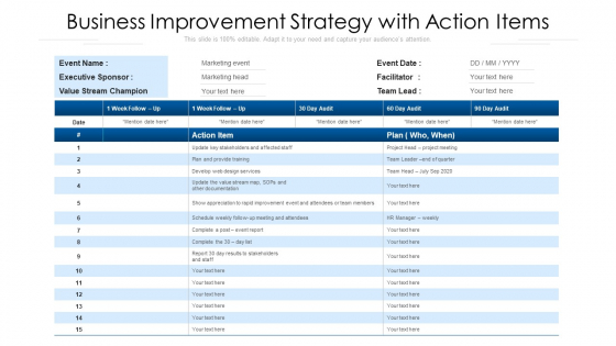 Business Improvement Strategy With Action Items Ppt Deck PDF Business Improvement Strategy With Action Items Ppt Deck PDF