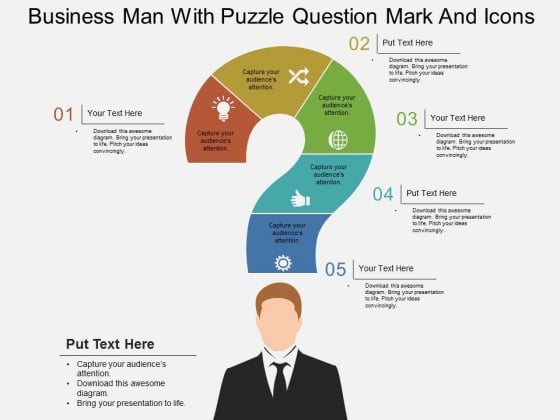Business Man With Puzzle Question Mark And Icons Powerpoint Template Business Man With Puzzle Question Mark And Icons Powerpoint Template