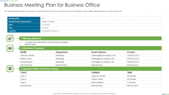 Business Meeting Plan For Business Office Microsoft PDF