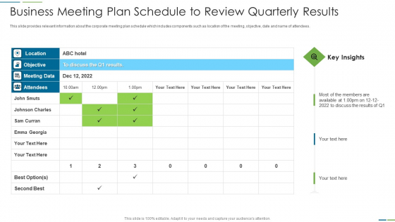 Business Meeting Plan Schedule To Review Quarterly Results Diagrams PDF
