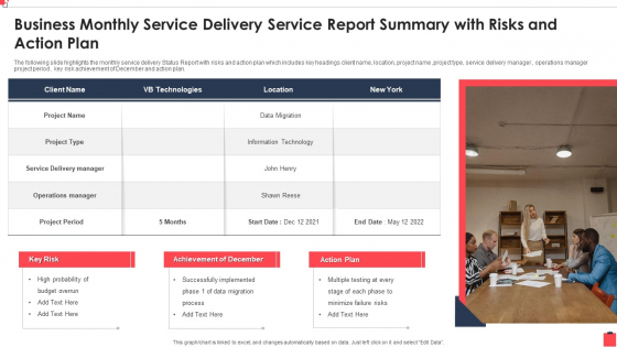 Business Monthly Service Delivery Service Report Summary With Risks And Action Plan Inspiration PDF