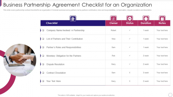Business Partnership Agreement Checklist For An Organization Rules PDF