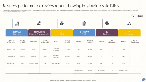 Business Performance Review Report Showing Key Business Statistics Formats PDF