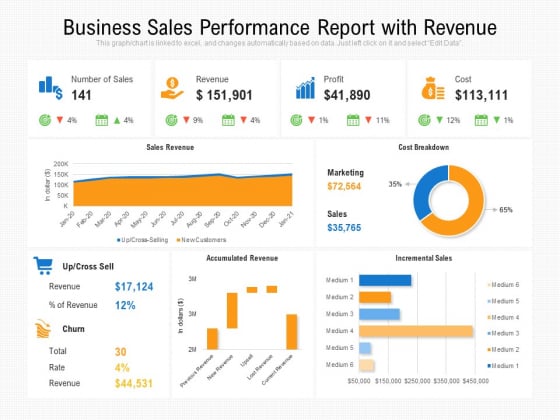 Business Sales Performance Report With Revenue Ppt PowerPoint Presentation Layouts Information PDF