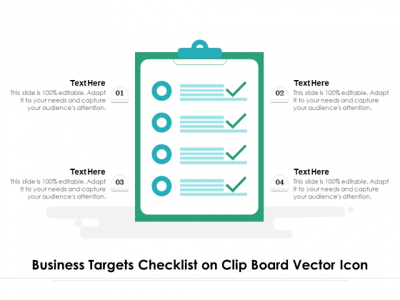 Business Targets Checklist On Clip Board Vector Icon Ppt PowerPoint Presentation File Designs PDF