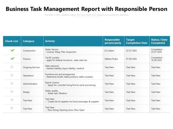 Business Task Management Report With Responsible Person Ppt PowerPoint Presentation File Structure PDF Business Task Management Report With Responsible Person Ppt PowerPoint Presentation File Structure PDF