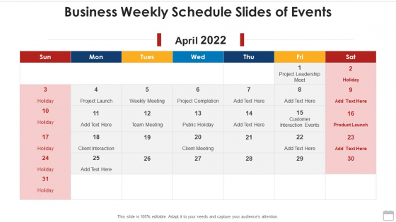 Business Weekly Schedule Slides Of Events Demonstration PDF