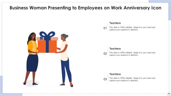 Business Woman Presenting To Employees On Work Anniversary Icon Brochure PDF