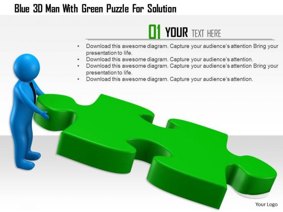 Blue 3d Man With Green Puzzle For Solution Blue 3d Man With Green Puzzle For Solution