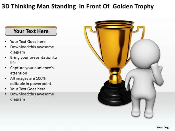 Business Analysis Diagrams Thinking Man Standing Front Of Golden Trophy PowerPoint Templates