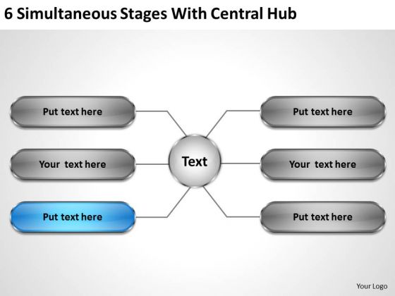 Business And Strategy 6 Simultaneous Stages With Central Hub Ppt Consulting