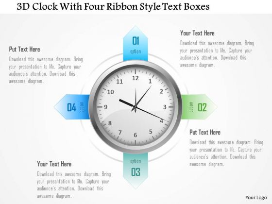Business Diagram 3d Clock With Four Ribbon Style Text Boxes Presentation Template