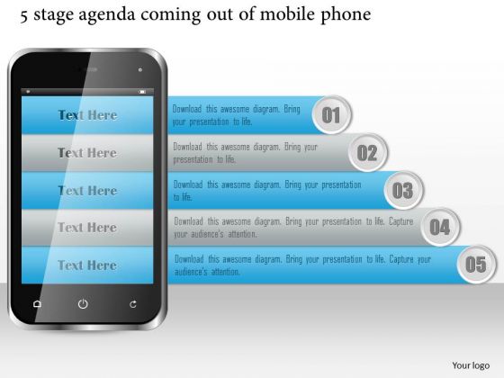 Business Diagram 5 Stage Agenda Coming Out Of Mobile Phone Presentation Template