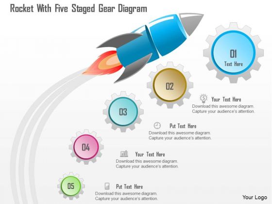 Business Diagram Rocket With Five Staged Gear Diagram PowerPoint Template