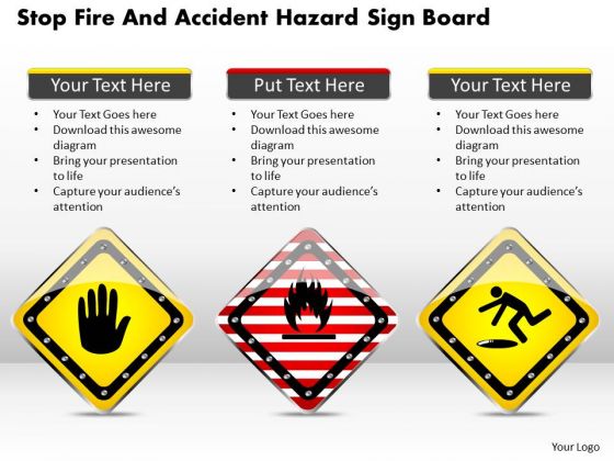 Business Diagram Stop Fire And Accident Hazard Sign Board Presentation Template