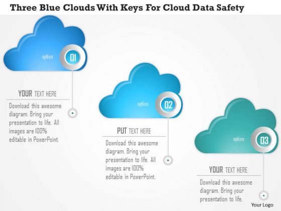 Business Diagram Three Blue Clouds With Keys For Cloud Data Safety Presentation Template