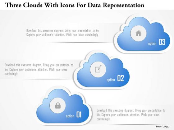 Business Diagram Three Clouds With Icons For Data Representation Presentation Template