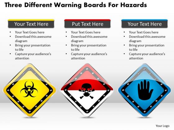Business Diagram Three Different Warning Boards For Hazards Presentation Template