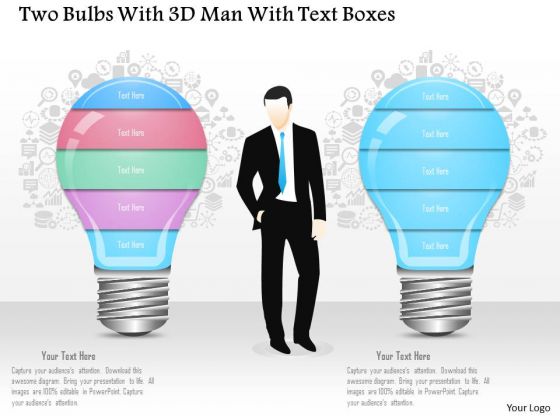 Business Diagram Two Bulbs With 3d Man And Text Boxes Presentation Template