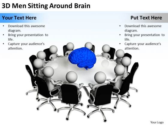 Business People 3d Men Sitting Around Brain PowerPoint Slides Business People 3d Men Sitting Around Brain PowerPoint Slides