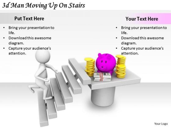 Business Strategy Review 3d Man Moving Up On Stairs Character Models