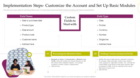 CRM System Deployment Plan Implementation Steps Customize The Account And Set Up Summary PDF