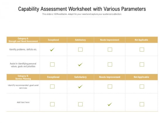 Capability Assessment Worksheet With Various Parameters Ppt PowerPoint Presentation File Slide Portrait PDF Capability Assessment Worksheet With Various Parameters Ppt PowerPoint Presentation File Slide Portrait PDF