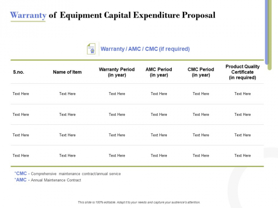 Capex Proposal Template Warranty Of Equipment Capital Expenditure Proposal Designs PDF