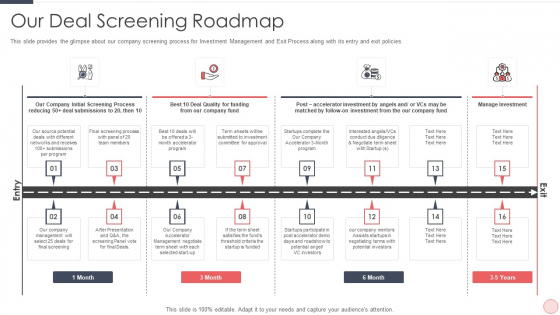 Capital Raising Pitch For Investor Our Deal Screening Roadmap Ppt PowerPoint Presentation Gallery Design Ideas PDF Capital Raising Pitch For Investor Our Deal Screening Roadmap Ppt PowerPoint Presentation Gallery Design Ideas PDF